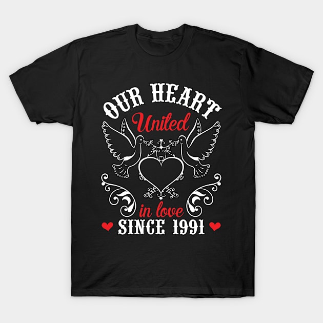 Husband Wife Our Heart United In Love Since 1991 Happy Wedding Married 29 Years Anniversary T-Shirt by joandraelliot